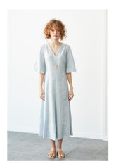 V-Neck Midi Linen Dress with Elbow-Length Sleeves